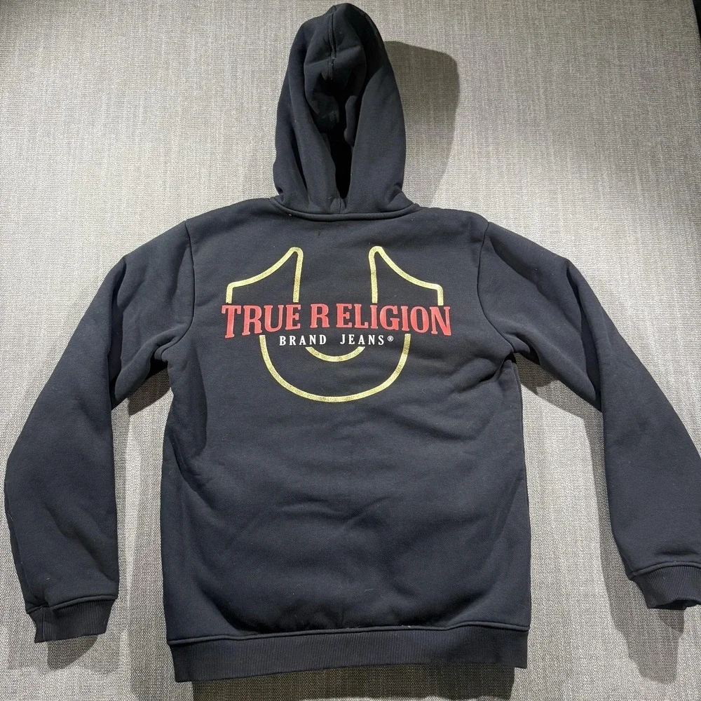 True Religion Hoodie Mens XL Black Sherpa Lined Full Zip Logo Sweatshirt